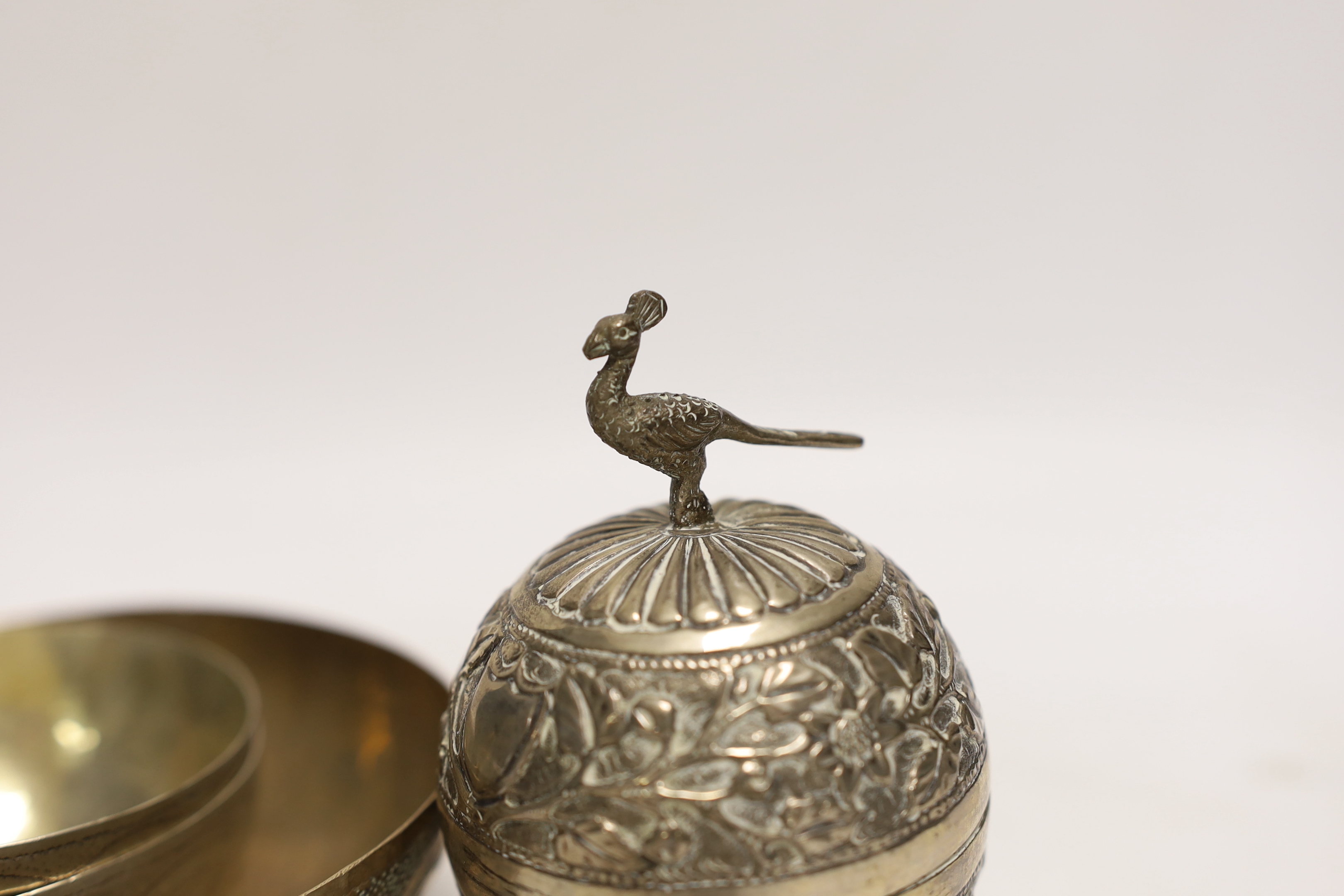 A boxed modern silver dish, three continental bowls and two Persian small boxes and covers.